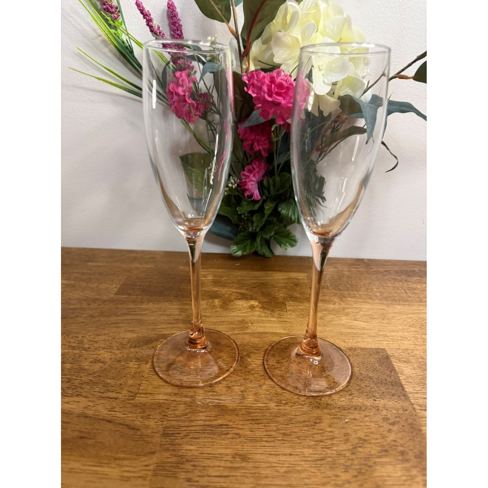 Vintage French Luminarc Pink Stem Champagne‎ Flutes Set Holiday Bar Cart Retro